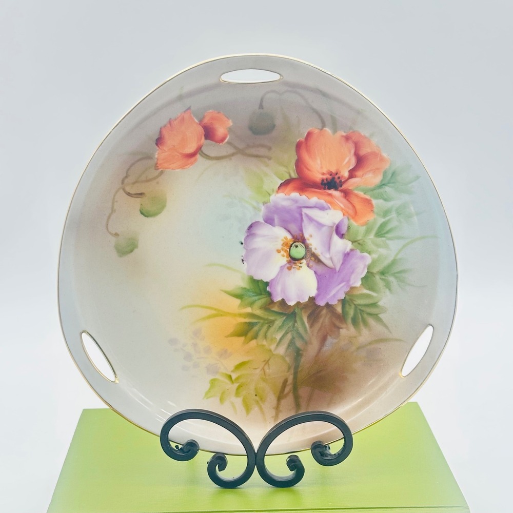 Vintage Hand Painted Floral Poppy Porcelain Plate Gold Trim 10" Made in Japan‎